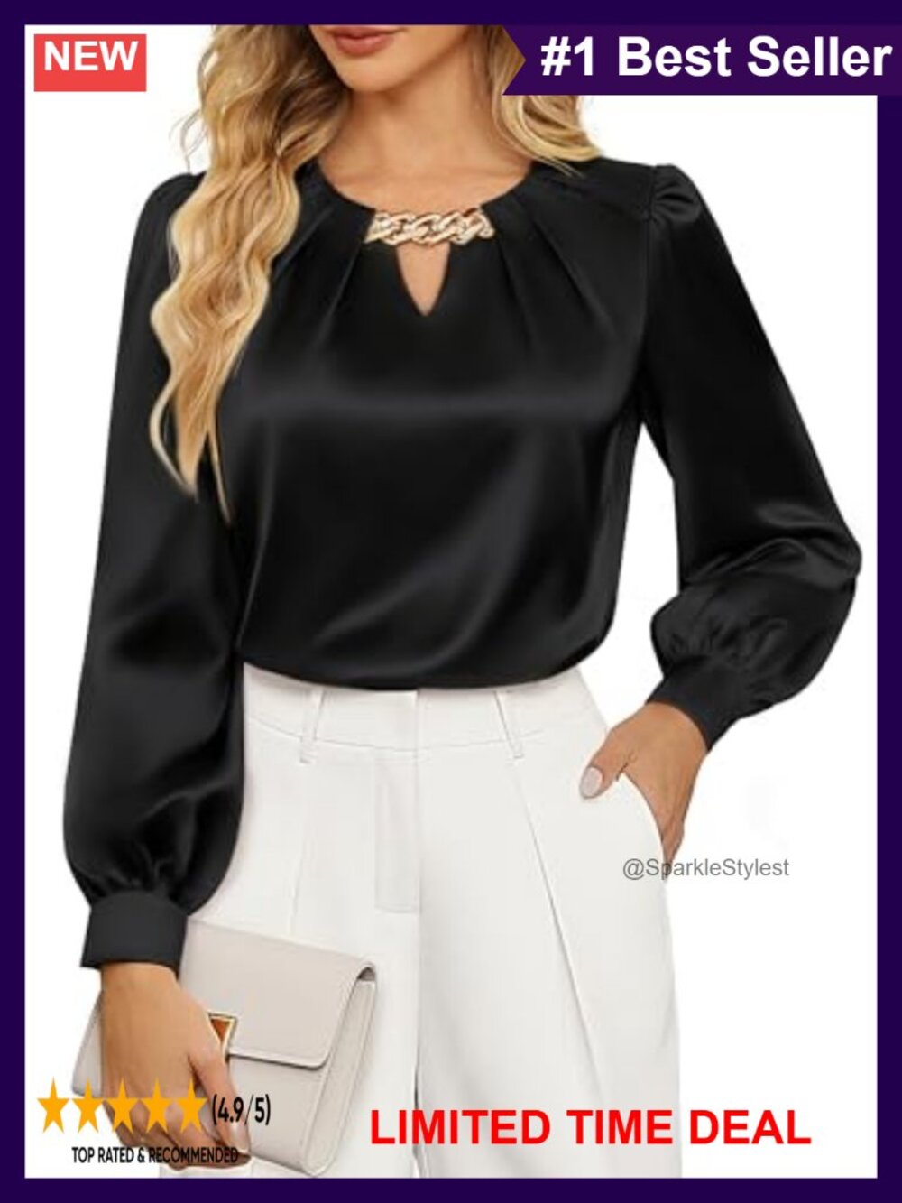 Satin Silk Blouse Long Sleeve Chain Keyhole Business Casual Work Top
